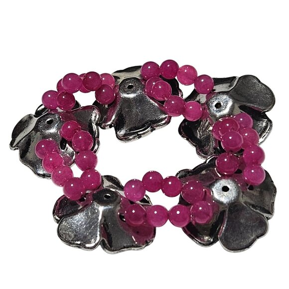 Vintage Silver Tone Carved Rose Pink Beaded Stretch Bracelet Fashion Jewelry - Picture 3 of 4